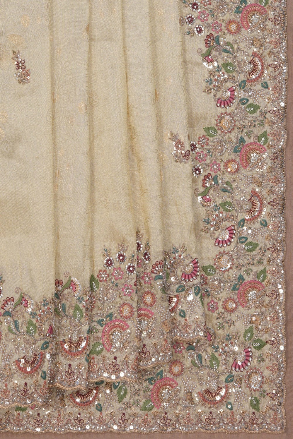 Image of Tissue Silk Off White Embroidery Saree